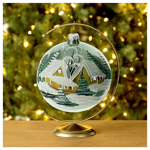 Weihnachtsbaumkugel aus Glas Grundton Himmelblau Motiv schneebedeckte Winterlandschaft 150 mm 2