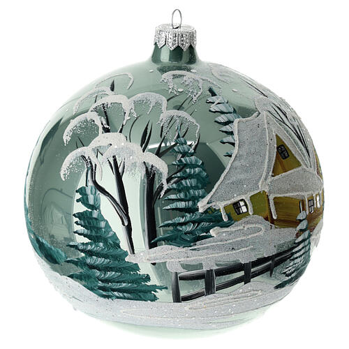 Weihnachtsbaumkugel aus Glas Grundton Himmelblau Motiv schneebedeckte Winterlandschaft 150 mm 3