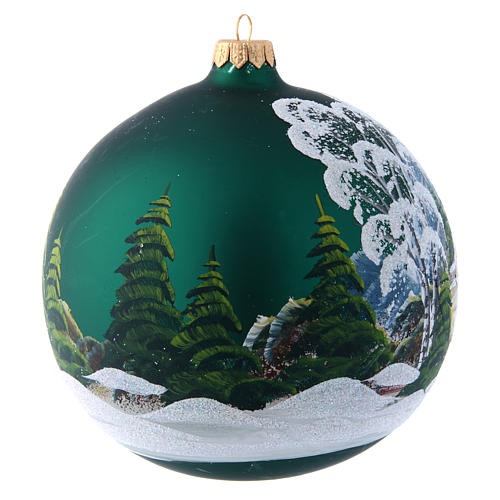 Weihnachtsbaumkugel aus Glas Grundton Grün Motiv Winterlandschaft 150 mm 3