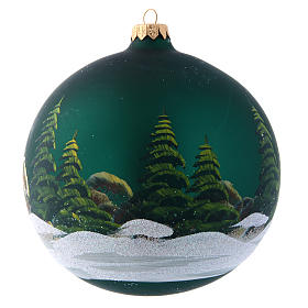 Green glass Christmas ball with painted and decoupage decoration 150 mm