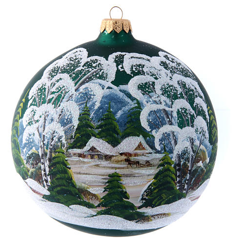 Green glass Christmas ball with painted and decoupage decoration 150 mm 1