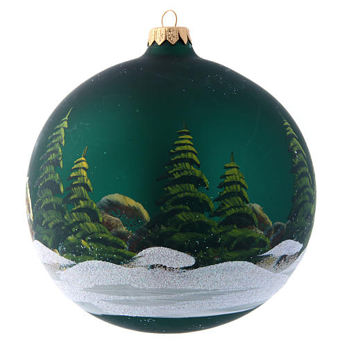 Green glass Christmas ball with painted and decoupage decoration 150 mm 2