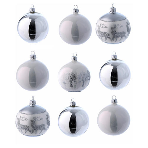 Christmas balls in glass white and silver 80 mm 9 pieces set 1
