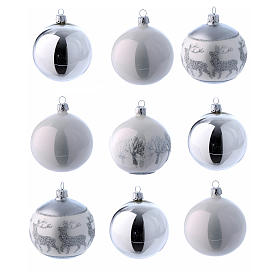 Bolas de vidrio soplado lustrosas blanco y plata 80 mm caja 9 piezas