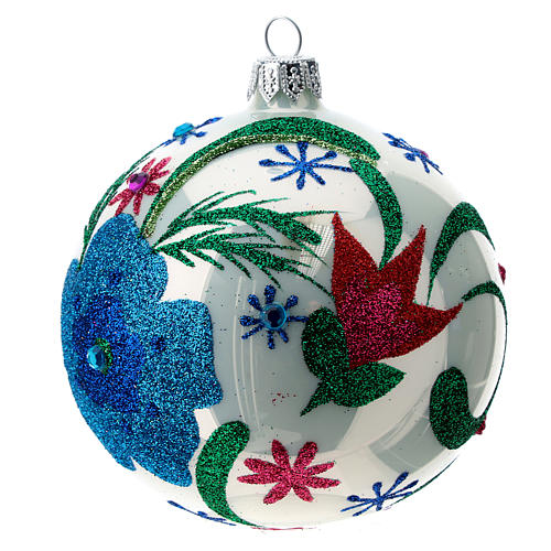 Weihnachtsbaumkugel aus Glas Grundton Weiß vielfarbige Verzierungen 100 mm 4