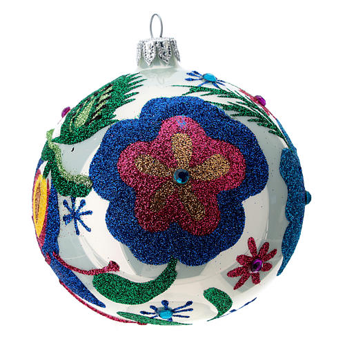 Multicoloured glass Christmas ball with white base 100 mm 1