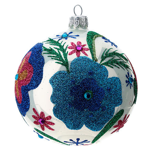 Multicoloured glass Christmas ball with white base 100 mm 2