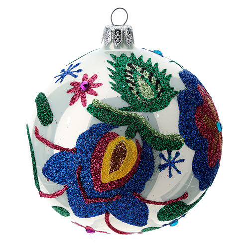 Multicoloured glass Christmas ball with white base 100 mm 3