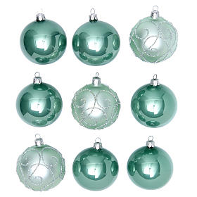 Box with 9 Christmas balls sized 80 mm sea green