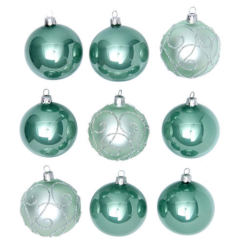 Box with 9 Christmas balls sized 80 mm sea green 1