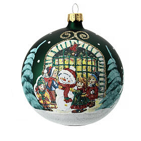 Weihnachtsbaumkugel aus mundgeblasenem Glas Motiv Schneemann und Kinder 100 mm