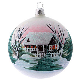 Weihnachtsbaumkugel aus Glas Grundton Weiß Motiv schneebedeckte Bäume 100 mm