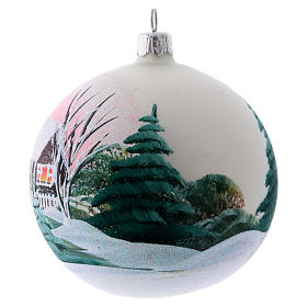 Weihnachtsbaumkugel aus Glas Grundton Weiß Motiv schneebedeckte Bäume 100 mm