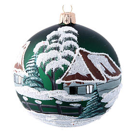 Weihnachtskugel aus Glas Grundton Grün Motiv schneebedeckte Häuser 100 mm