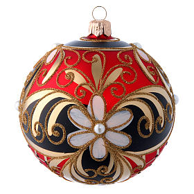 Red gold and black blown glass Christmas ball with flower decoration 100 mm