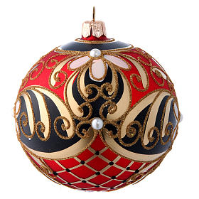 Red gold and black blown glass Christmas ball with flower decoration 100 mm