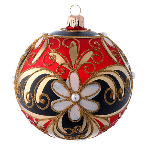 Red gold and black blown glass Christmas ball with flower decoration 100 mm 1
