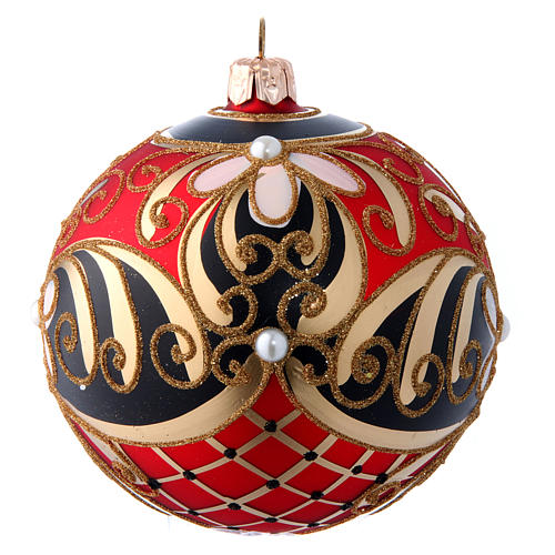 Red gold and black blown glass Christmas ball with flower decoration 100 mm 2