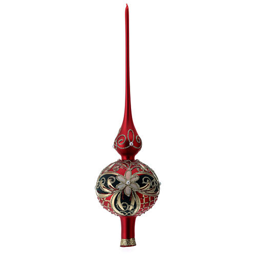 Satinized red and black glass tree topper with flowers 1