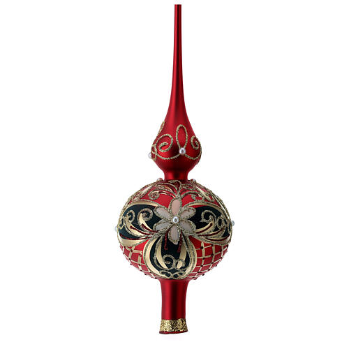 Satinized red and black glass tree topper with flowers 2