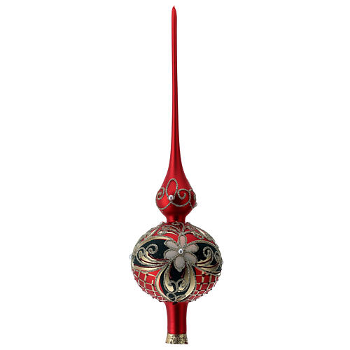 Satinized red and black glass tree topper with flowers 4