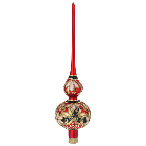 Satinized red and black glass tree topper with flowers 1