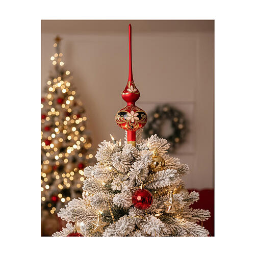 Satinized red and black glass tree topper with flowers 2
