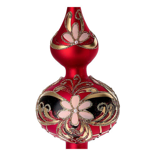 Puntale Albero vetro rosso e nero satinato fiori 3