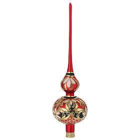 Satinized red and black glass tree topper with flowers