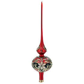 Puntale Albero vetro rosso con decoro floreale