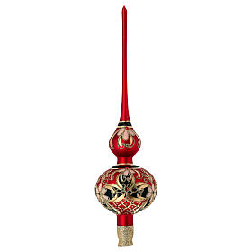 Puntale Albero vetro rosso con decoro floreale