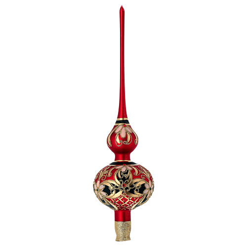 Puntale Albero vetro rosso con decoro floreale 1