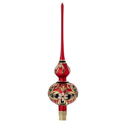 Puntale Albero vetro rosso con decoro floreale 3