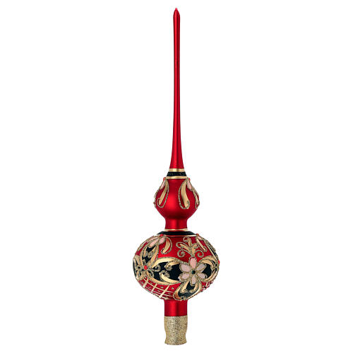 Puntale Albero vetro rosso con decoro floreale 4