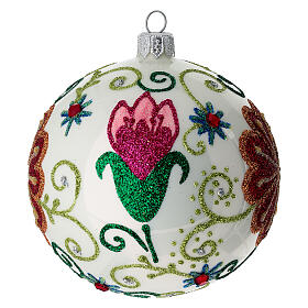 Shiny white christmas tree ball with multicoloured flower decorations 100 mm