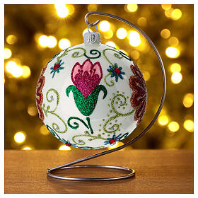 Shiny white christmas tree ball with multicoloured flower decorations 100 mm