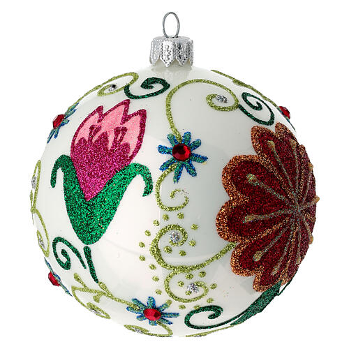 Shiny white christmas tree ball with multicoloured flower decorations 100 mm 4