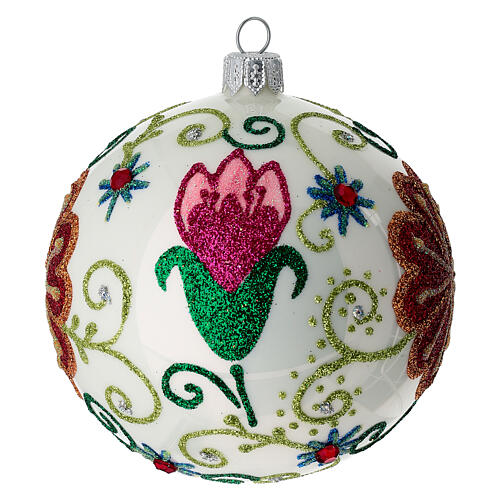 Boule verre blanc brillant avec décor floral multicolore 100 mm 1