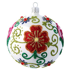 Pallina vetro bianco lucido con decori floreali multicolor 100 mm