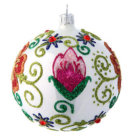 Pallina vetro bianco lucido con decori floreali multicolor 100 mm