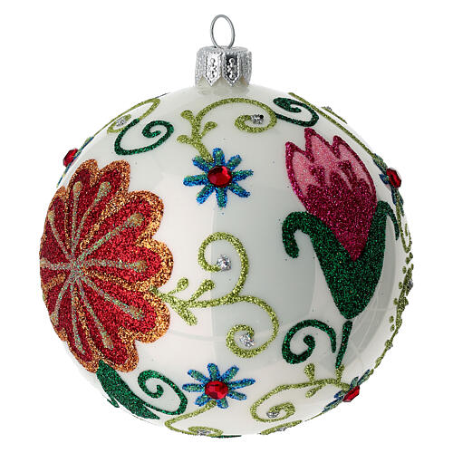 Bola vidro branco brilhante com decoro floral multicolor 100 mm 5
