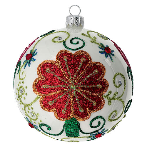 Shiny white blown glass Christmas ball with multicolored flower decorations 10 cm 3