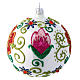 Shiny white blown glass Christmas ball with multicolored flower decorations 10 cm s2