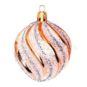 Weihnachtskugeln aus mundgeblasenem Glas Grundton Weiß mit goldenem schrägen Streifenmuster verziert 80 mm