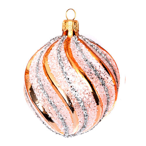 Weihnachtskugeln aus mundgeblasenem Glas Grundton Weiß mit goldenem schrägen Streifenmuster verziert 80 mm 2