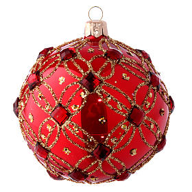 Weihnachtsbaumkugel aus Glas Grundton Rot glänzend mit Schmucksteinen 100 mm