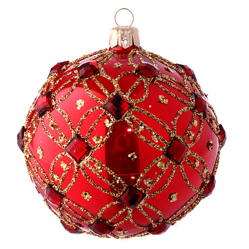 Weihnachtsbaumkugel aus Glas Grundton Rot glänzend mit Schmucksteinen 100 mm 1