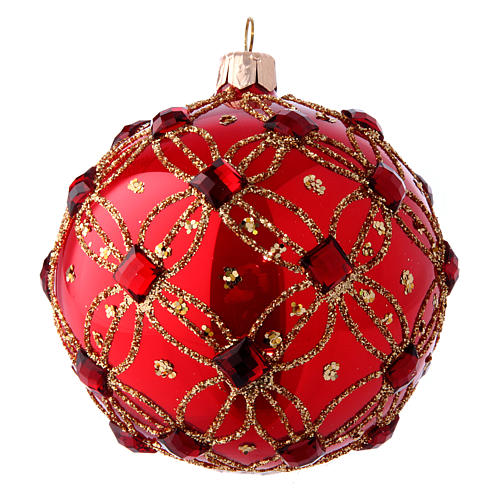 Weihnachtsbaumkugel aus Glas Grundton Rot glänzend mit Schmucksteinen 100 mm 2