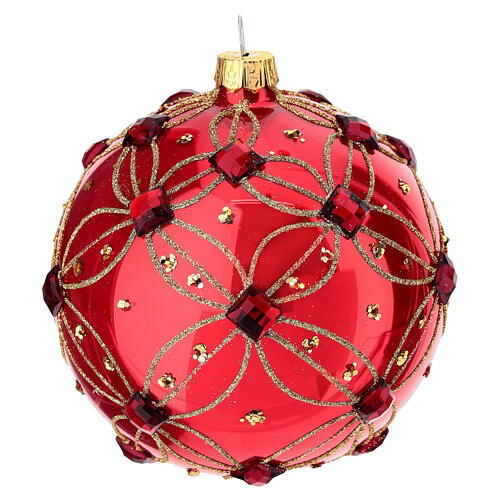 Weihnachtsbaumkugel aus Glas Grundton Rot glänzend mit Schmucksteinen 100 mm 3