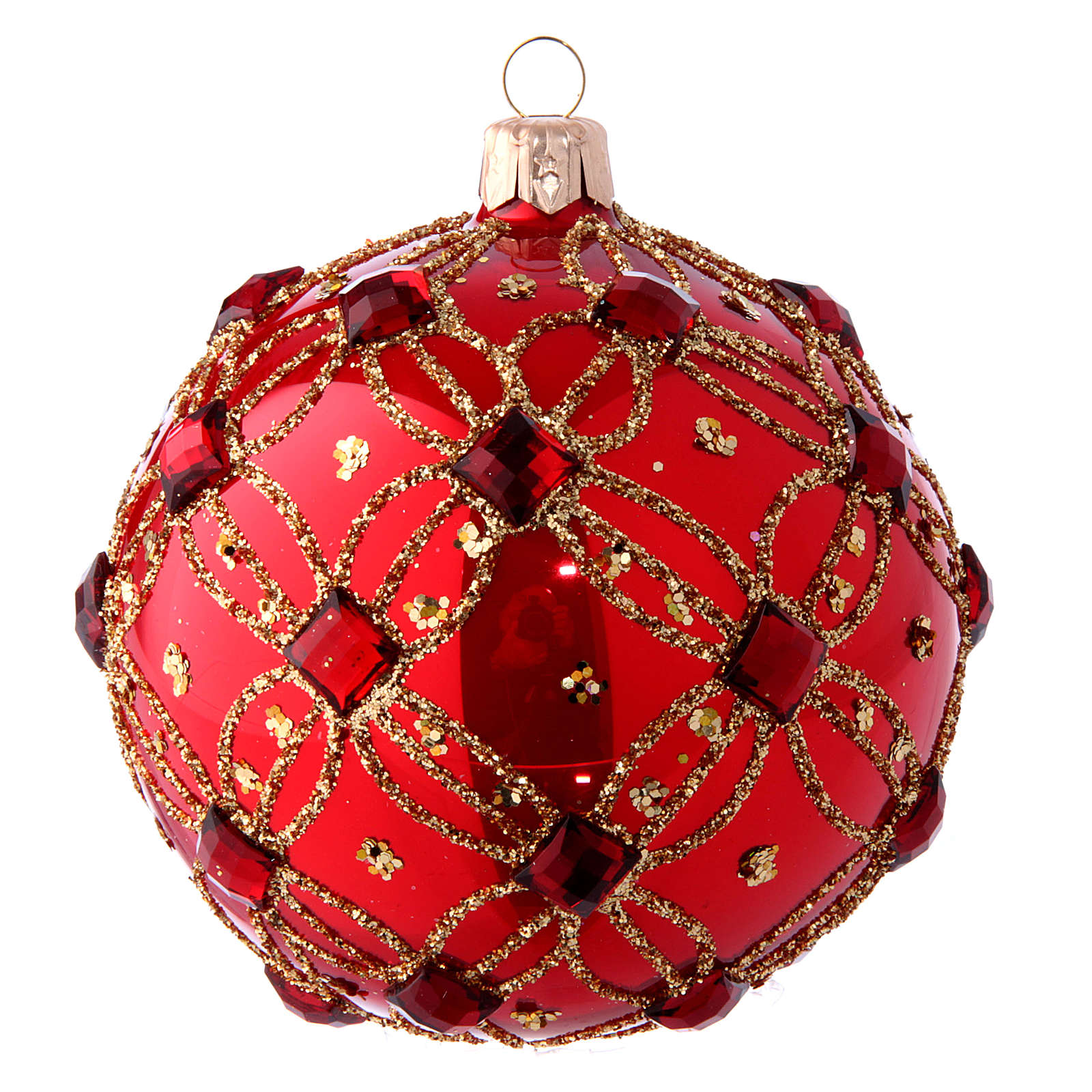 Boule Noël rouge brillant et strass rouges 100 mm  vente en ligne sur 